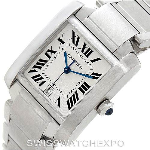 This image shows a front-angle view of the Cartier Tank Française watch, highlighting the face, bezel, and a portion of the bracelet.