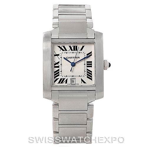 The image shows a front view of a Cartier Tank Francaise W51002Q3 Men
s Stainless Steel Silver Dial W51002Q3 Men
s Stainless Steel Silver Dial watch, highlighting its rectangular face, metal bracelet, and Roman numeral markers.