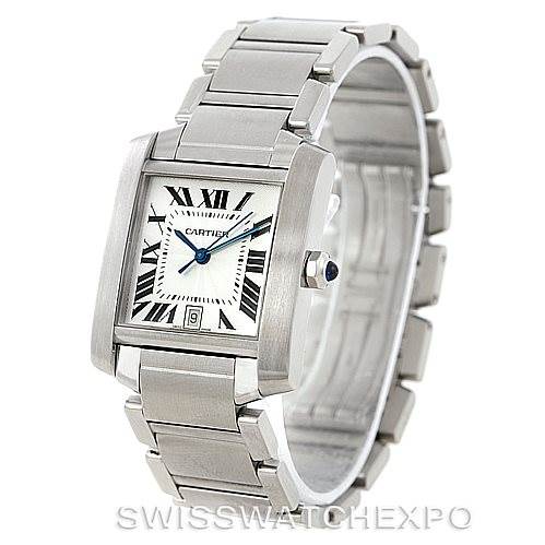 The image shows a Cartier Tank Francaise W51002Q3 Men
s Stainless Steel Silver Dial W51002Q3 Men
s Stainless Steel Silver Dial watch at an angle revealing the face, bracelet, and side profile.