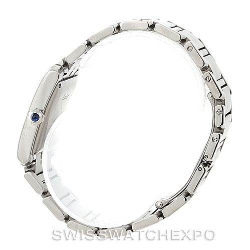 This side view image of the Cartier Tank Francaise W51002Q3 Men
s Stainless Steel Silver Dial W51002Q3 Men
s Stainless Steel Silver Dial watch shows the bracelet links and part of the case, highlighting the crown with a blue stone.