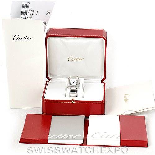 The image shows a Cartier Tank Francaise W51002Q3 Men
s Stainless Steel Silver Dial W51002Q3 Men
s Stainless Steel Silver Dial watch in its red presentation box, with accompanying documents displayed around it.