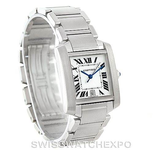 This image shows the front view of a Cartier Tank Francaise W51002Q3 Men
s Stainless Steel Silver Dial W51002Q3 Men
s Stainless Steel Silver Dial watch, highlighting the watch face, bracelet, and clasp.