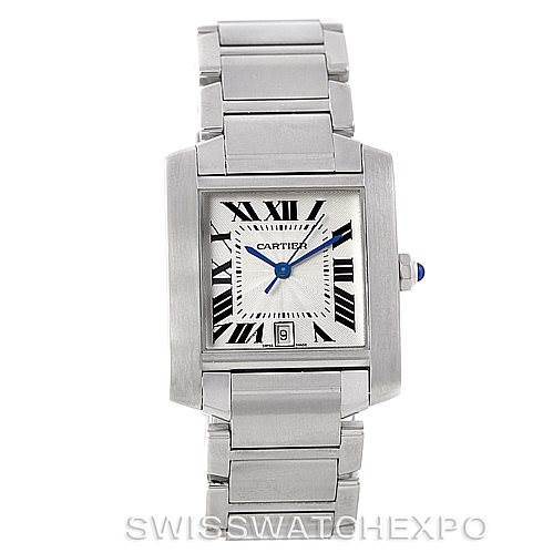 This image shows a close-up of the Cartier Tank Francaise W51002Q3 Men
s Stainless Steel Silver Dial W51002Q3 Men
s Stainless Steel Silver Dial watch, highlighting the face, bezel, crown, and bracelet.