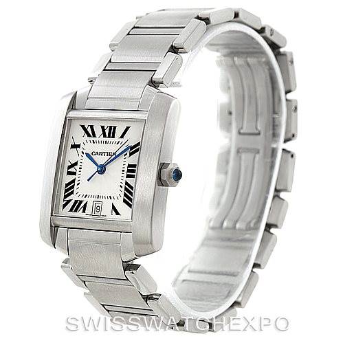 This Cartier Tank Francaise W51002Q3 Men's Stainless Steel Silver Dial W51002Q3 Men's Stainless Steel Silver Dial watch is shown at an angle showcasing the face, bracelet, and crown.