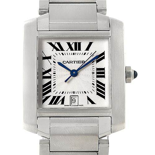 The image shows a front view of the Cartier Tank Francaise W51002Q3 Men's Stainless Steel Silver Dial W51002Q3 Men's Stainless Steel Silver Dial watch, focusing on its square face, Roman numerals, and metal bracelet.