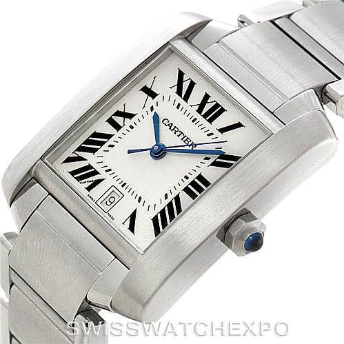This image shows a close-up angled view of the Cartier Tank Francaise W51002Q3 Men's Stainless Steel Silver Dial W51002Q3 Men's Stainless Steel Silver Dial watch, highlighting the face, crown, and part of the metal bracelet.