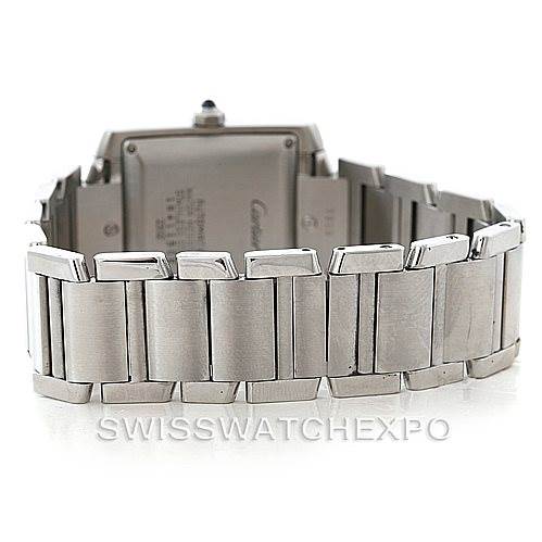 This image shows the back of the Cartier Tank Française watch, highlighting its stainless steel bracelet and clasp.