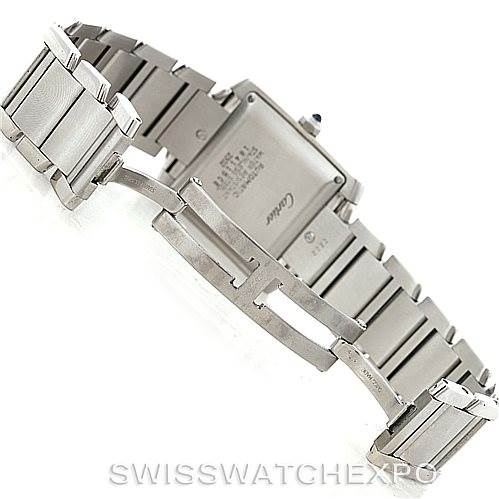 The image shows the back view and bracelet of the Cartier Tank Francaise W51002Q3 Men's Stainless Steel Silver Dial W51002Q3 Men's Stainless Steel Silver Dial watch, including the clasp and links.