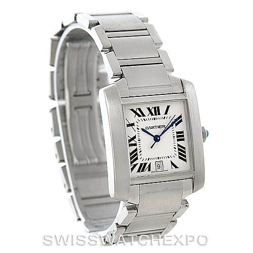 This image shows a frontal and slightly angled view of a Cartier Tank Francaise W51002Q3 Men's Stainless Steel Silver Dial W51002Q3 Men's Stainless Steel Silver Dial watch, highlighting its rectangular dial and metal bracelet.