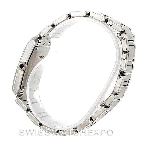 This image shows a side view of the Cartier Tank Française watch, highlighting its stainless steel bracelet and sapphire crown.