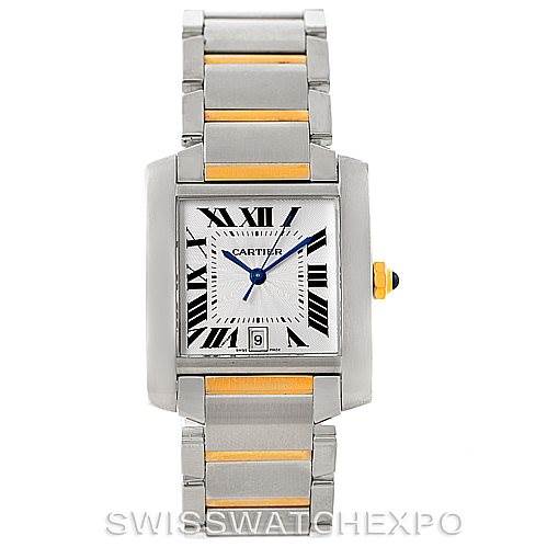The Cartier Tank Francaise W51005Q4 Men's Steel and Gold (two tone) Silver Dial W51005Q4 Men's Steel and Gold (two tone) Silver Dial watch is shown from the front, displaying the face, bracelet, and crown.