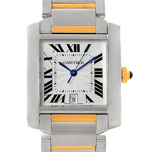 The image shows a front view of the Cartier Tank Francaise W51005Q4 Men's Steel and Gold (two tone) Silver Dial W51005Q4 Men's Steel and Gold (two tone) Silver Dial watch with a metal and gold bracelet, and visible hands and date display.
