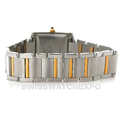 This image shows the back of the Cartier Tank Française watch, focusing on its two-tone metal bracelet.