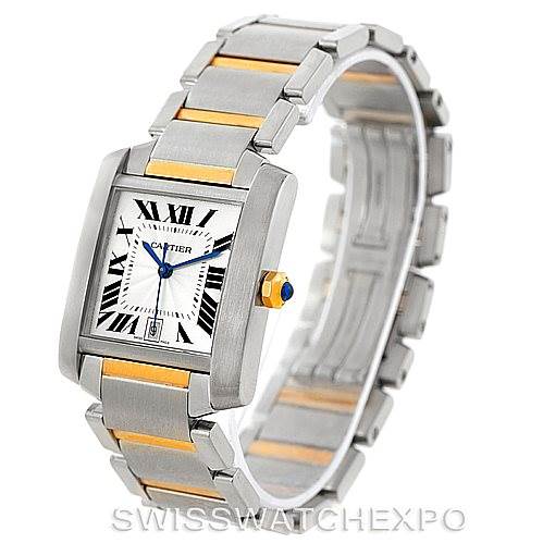The image shows a Cartier Tank Francaise W51005Q4 Men's Steel and Gold (two tone) Silver Dial W51005Q4 Men's Steel and Gold (two tone) Silver Dial watch at a three-quarter angle, displaying the face, crown, and bracelet.