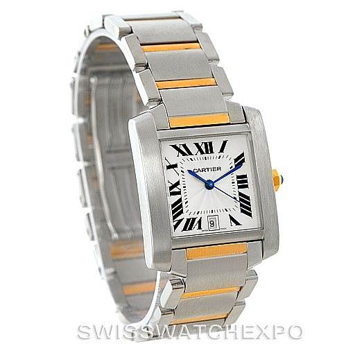 This image shows a Cartier Tank Francaise W51005Q4 Men's Steel and Gold (two tone) Silver Dial W51005Q4 Men's Steel and Gold (two tone) Silver Dial watch from a front angle, highlighting its rectangular face, Roman numerals, and two-tone bracelet.