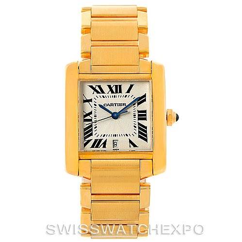 This image shows a front view of the Cartier Tank Française watch, highlighting its gold bracelet, rectangular case, and Roman numeral dial.
