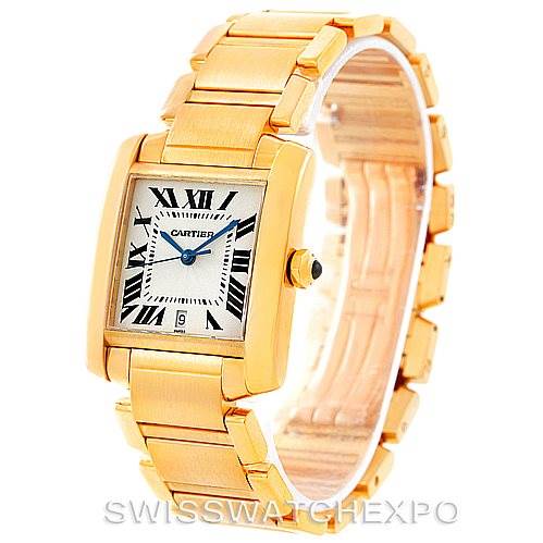 The image shows a Cartier Tank Francaise W50001R2 Men
s Yellow Gold Silver Dial W50001R2 Men
s Yellow Gold Silver Dial watch at a three-quarter angle, highlighting its gold casing, bracelet, and rectangular dial with Roman numerals.