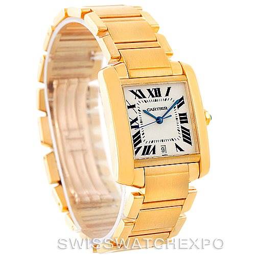 The image shows a Cartier Tank Française watch from an angled perspective, highlighting the gold bracelet, rectangular face, and Roman numeral dial.