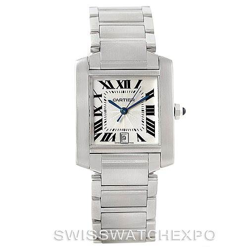 The image shows the front of a Cartier Tank Francaise W51002Q3 Men's Stainless Steel Silver Dial W51002Q3 Men's Stainless Steel Silver Dial watch, displaying the face, dial, hands, bracelet, and clasp.