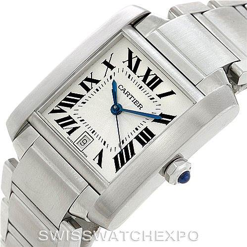 The image shows a side and top view of a Cartier Tank Francaise W51002Q3 Men's Stainless Steel Silver Dial W51002Q3 Men's Stainless Steel Silver Dial watch, highlighting the face, bracelet, and crown.