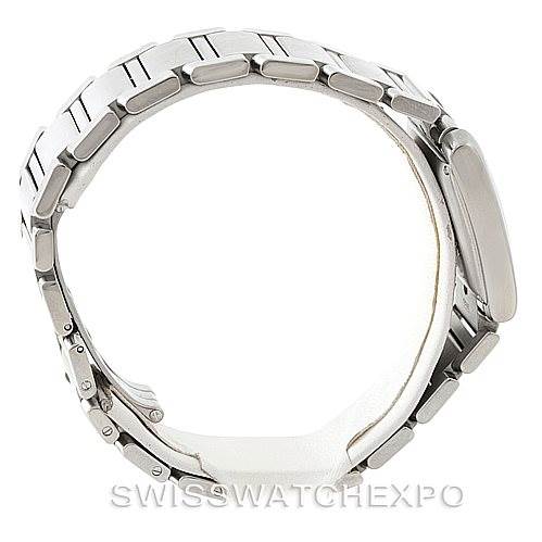 The image displays a side view of the Cartier Tank Francaise W51002Q3 Men's Stainless Steel Silver Dial W51002Q3 Men's Stainless Steel Silver Dial model watch, highlighting its metal bracelet and clasp.