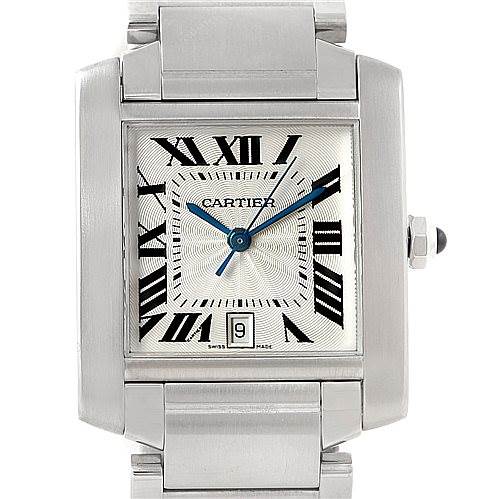 The image shows a front view of the Cartier Tank Française watch, highlighting its face, Roman numerals, hands, and part of the metal bracelet.