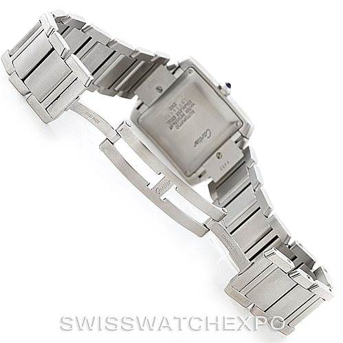 The image shows the back and clasp of the Cartier Tank Francaise W51002Q3 Men's Stainless Steel Silver Dial W51002Q3 Men's Stainless Steel Silver Dial watch, highlighting the bracelet and buckle mechanism.