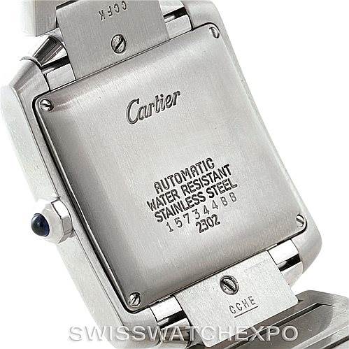 This image shows the back view of a Cartier Tank Francaise W51002Q3 Men's Stainless Steel Silver Dial W51002Q3 Men's Stainless Steel Silver Dial watch, highlighting the case back and part of the bracelet.