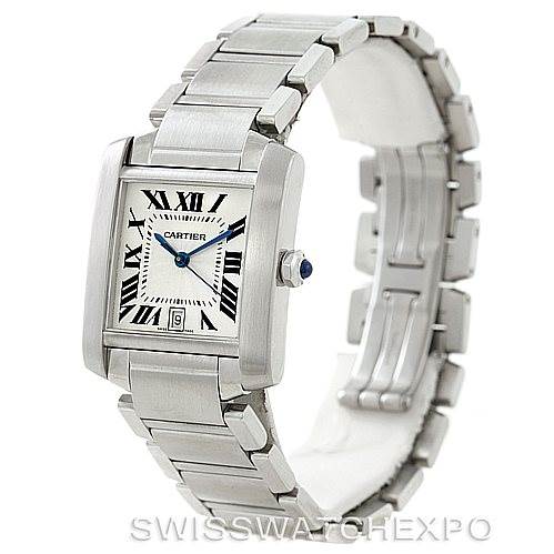 The image shows a Cartier Tank Francaise W51002Q3 Men's Stainless Steel Silver Dial W51002Q3 Men's Stainless Steel Silver Dial watch at a three-quarter front angle, displaying its face, bracelet, and side details.