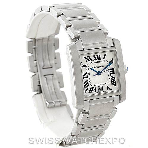 The image shows a Cartier Tank Francaise W51002Q3 Men's Stainless Steel Silver Dial W51002Q3 Men's Stainless Steel Silver Dial watch from an angled frontal view, highlighting its rectangular face, Roman numerals, and stainless steel bracelet.