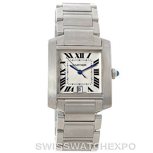 This image shows a front view of a Cartier Tank Française watch, highlighting its face, Roman numerals, and metal bracelet.