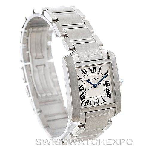 The Cartier Tank Francaise W51002Q3 Men
s Stainless Steel Silver Dial W51002Q3 Men
s Stainless Steel Silver Dial watch is shown at a front-left angle, highlighting its rectangular face, Roman numerals, and stainless steel bracelet.