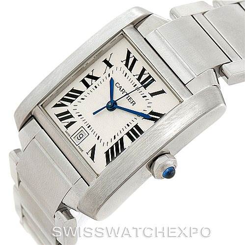 The image shows a close-up angled view of the Cartier Tank Francaise W51002Q3 Men
s Stainless Steel Silver Dial W51002Q3 Men
s Stainless Steel Silver Dial watch, highlighting its face, bezel, bracelet, and crown with a cabochon.