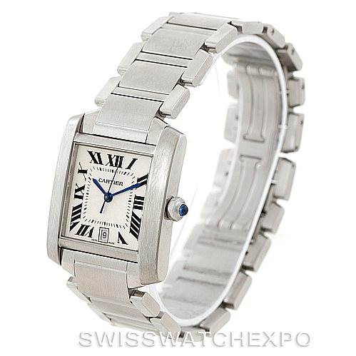 This image shows a Cartier Tank Francaise W51002Q3 Men
s Stainless Steel Silver Dial W51002Q3 Men
s Stainless Steel Silver Dial watch from an angled perspective, highlighting its face, bracelet, and side profile.