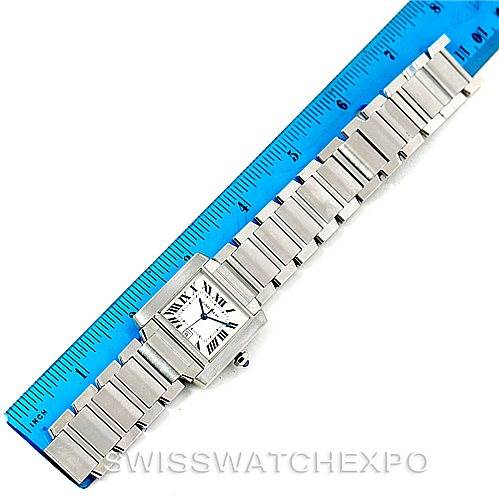 The Cartier Tank Francaise W51002Q3 Men
s Stainless Steel Silver Dial W51002Q3 Men
s Stainless Steel Silver Dial watch is shown fully extended with a blue ruler for scale.