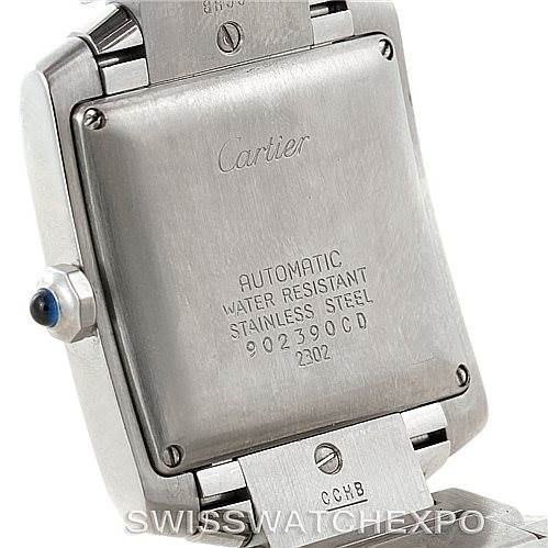 This Cartier Tank Francaise W51002Q3 Men
s Stainless Steel Silver Dial W51002Q3 Men
s Stainless Steel Silver Dial watch is shown from the back, highlighting the stainless steel case and specifications.