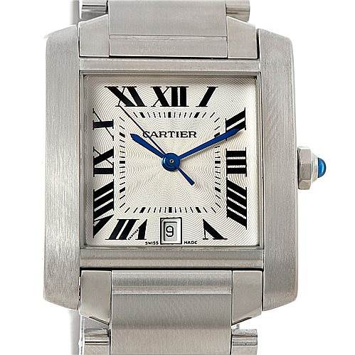 This image shows a front view of a Cartier Tank Française watch, highlighting its face, bezel, and metal bracelet.