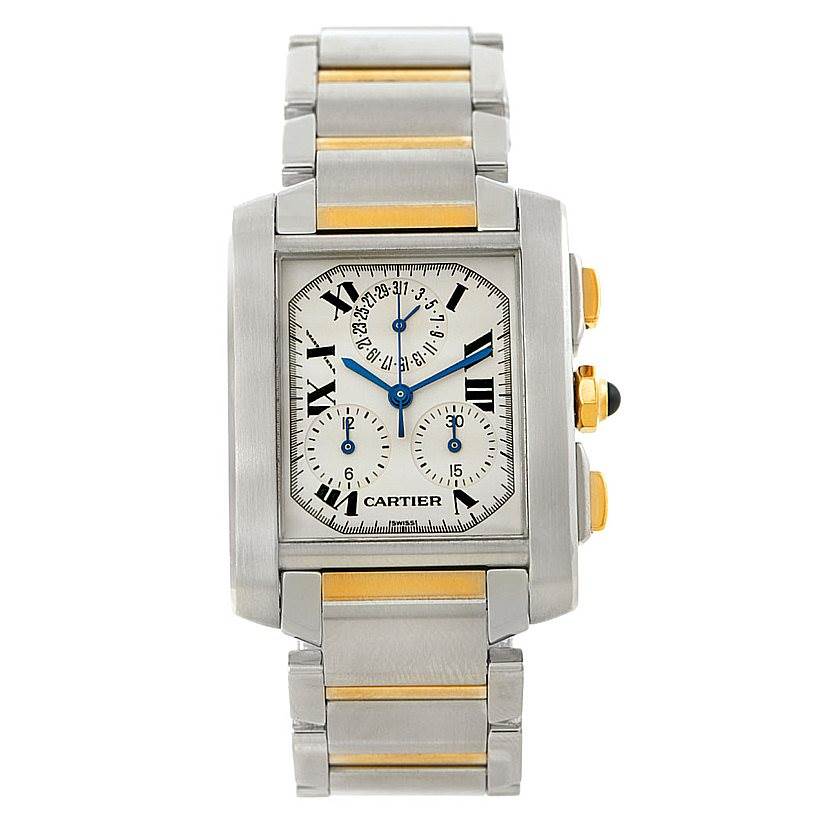 This image shows a Cartier Tank Francaise W51004Q4 Men's Steel and Gold (two tone) Silver Dial W51004Q4 Men's Steel and Gold (two tone) Silver Dial watch from a top-down angle, highlighting its face, bracelet, and side buttons.