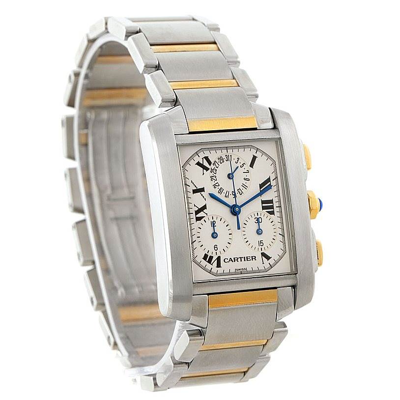 This Cartier Tank Francaise W51004Q4 Men's Steel and Gold (two tone) Silver Dial W51004Q4 Men's Steel and Gold (two tone) Silver Dial watch is shown at a slight angle, revealing the bracelet, face, and side buttons.