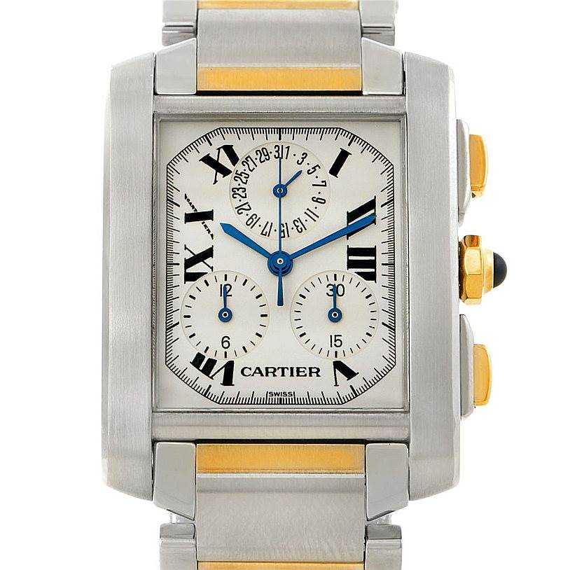 The image shows a Cartier Tank Francaise W51004Q4 Men's Steel and Gold (two tone) Silver Dial W51004Q4 Men's Steel and Gold (two tone) Silver Dial watch from a top-down angle, highlighting its face, bracelet, and side buttons.
