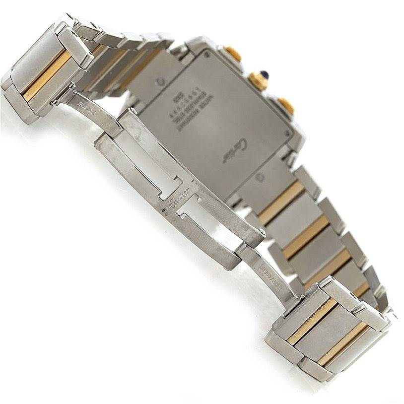 This image shows the back case and partially extended metal bracelet of the Cartier Tank Francaise W51004Q4 Men's Steel and Gold (two tone) Silver Dial W51004Q4 Men's Steel and Gold (two tone) Silver Dial watch.