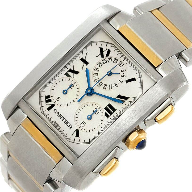 The Cartier Tank Francaise W51004Q4 Men's Steel and Gold (two tone) Silver Dial W51004Q4 Men's Steel and Gold (two tone) Silver Dial watch is shown at an angle highlighting the face, bracelet, and side buttons.