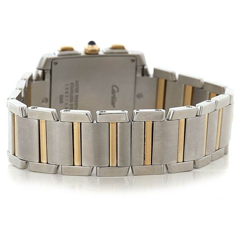 This image shows a rear angle of the Cartier Tank Francaise W51004Q4 Men's Steel and Gold (two tone) Silver Dial W51004Q4 Men's Steel and Gold (two tone) Silver Dial watch, highlighting its two-tone metal bracelet.