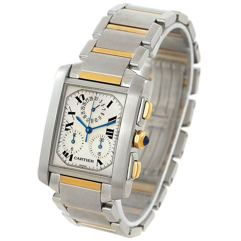 The image shows a Cartier Tank Française watch at an oblique angle, highlighting its face, bracelet, and side buttons.