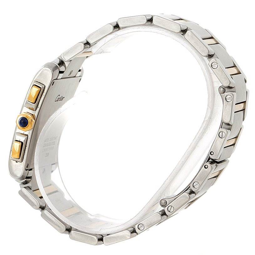 The image shows the side view of a Cartier Tank Francaise W51004Q4 Men's Steel and Gold (two tone) Silver Dial W51004Q4 Men's Steel and Gold (two tone) Silver Dial watch, highlighting the bracelet and side buttons.