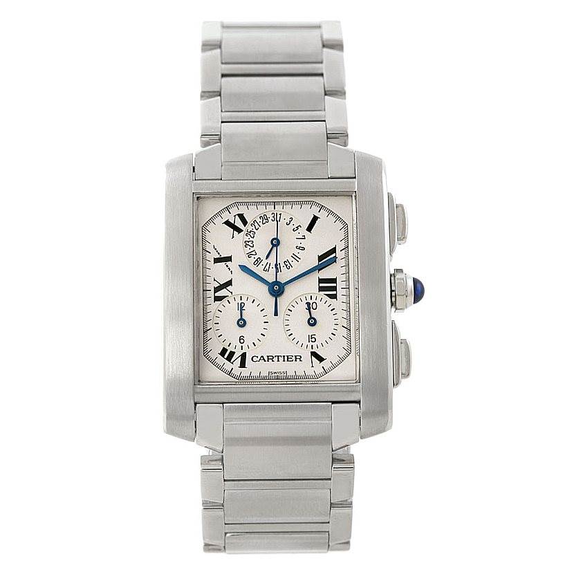 This is a frontal view of the Cartier Tank Française watch, showing the dial, bracelet, and side buttons.