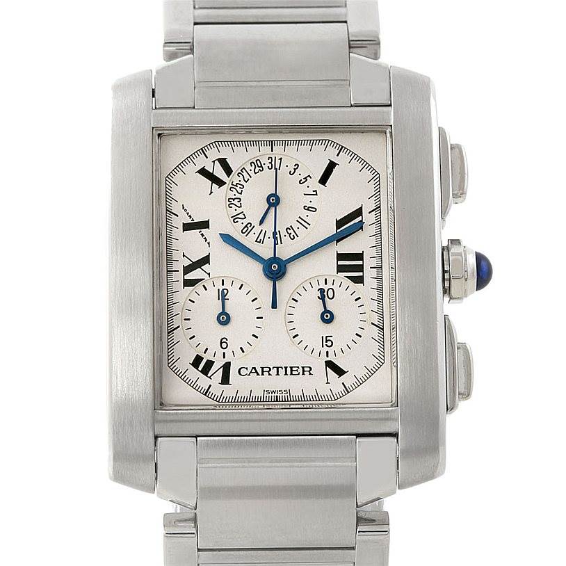 This image shows a front angle of the Cartier Tank Française watch featuring its dial, Roman numerals, subdials, and part of its bracelet.