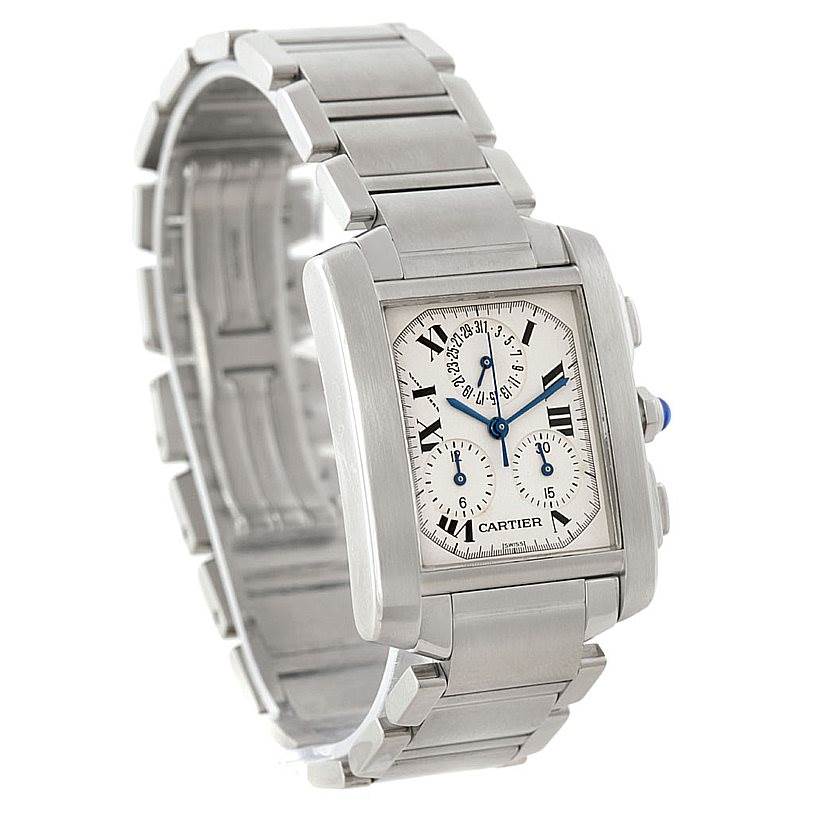 The image shows a Cartier Tank Française watch from a slightly side angle, revealing its face, bracelet, and side buttons.
