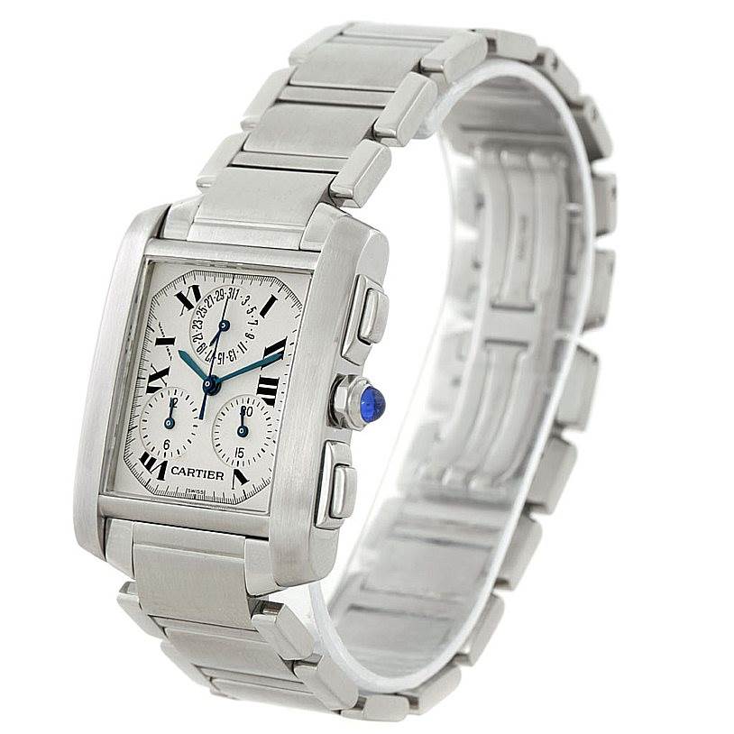 The image shows a Cartier Tank Francaise W51001Q3 Men
s Stainless Steel White Dial W51001Q3 Men
s Stainless Steel White Dial watch from a front-side angle, displaying the dial, bracelet, and crown.