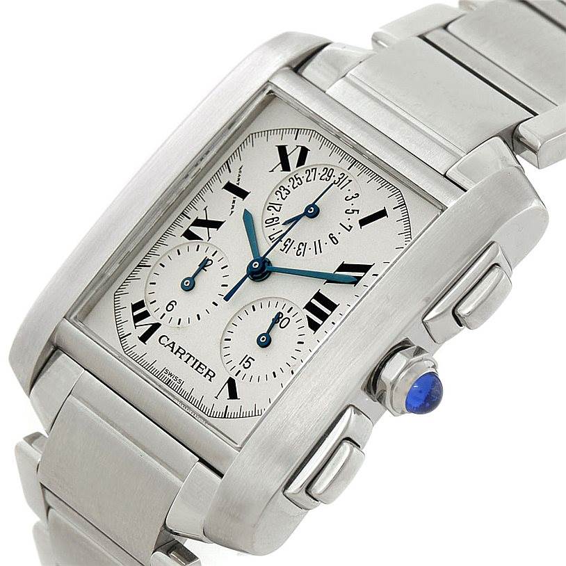 This image shows a top-angle view of the Cartier Tank Francaise W51001Q3 Men
s Stainless Steel White Dial W51001Q3 Men
s Stainless Steel White Dial watch, showcasing its face, bracelet, and side buttons.